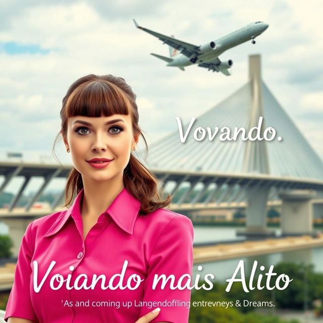 A female flight attendant with brown hair and bangs, brown eyes, wearing a stylish pink uniform, stands confidently in the foreground