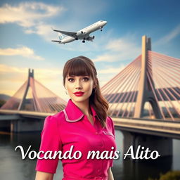 A female flight attendant with brown hair and bangs, brown eyes, wearing a stylish pink uniform, stands confidently in the foreground