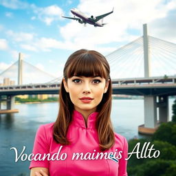 A female flight attendant with brown hair and bangs, brown eyes, wearing a stylish pink uniform, stands confidently in the foreground