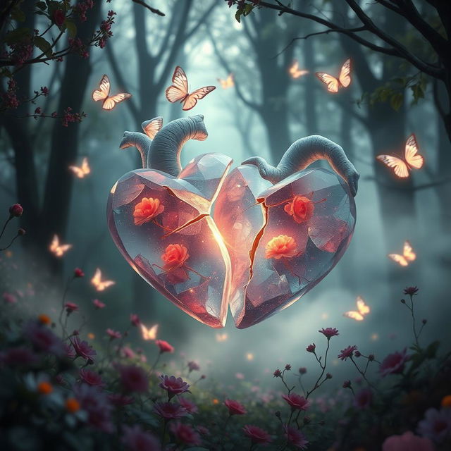 An ethereal and haunting visualization of 'Torn Hearts' featuring two beautifully broken hearts intertwined in a mystical forest