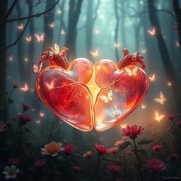 An ethereal and haunting visualization of 'Torn Hearts' featuring two beautifully broken hearts intertwined in a mystical forest