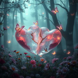 An ethereal and haunting visualization of 'Torn Hearts' featuring two beautifully broken hearts intertwined in a mystical forest