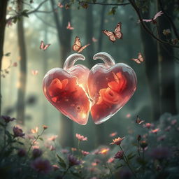 An ethereal and haunting visualization of 'Torn Hearts' featuring two beautifully broken hearts intertwined in a mystical forest