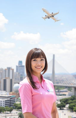 A brown-haired woman with bangs and brown eyes, dressed in a pink flight attendant uniform, standing confidently with a striking skyline of São Paulo in the background
