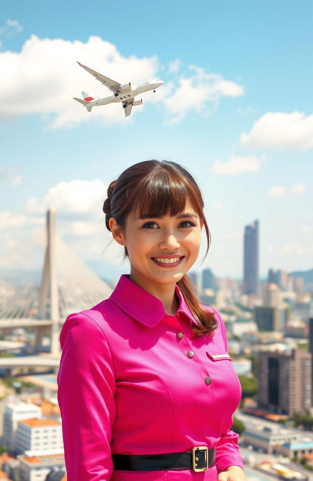 A brown-haired woman with bangs and brown eyes, dressed in a pink flight attendant uniform, standing confidently with a striking skyline of São Paulo in the background