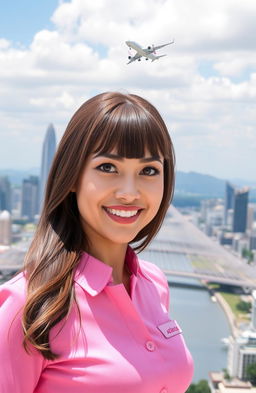 A brown-haired woman with bangs and brown eyes, dressed in a pink flight attendant uniform, standing confidently with a striking skyline of São Paulo in the background