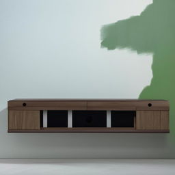 A stylish, modern TV stand mounted on a freshly painted wall with contrasting colors and textures