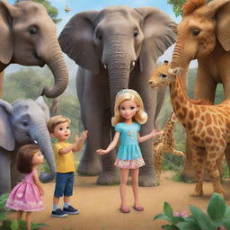 Cartoon image featuring big-eyed fairy Barbies and a boy kindheartedly interacting in a setting filled with elephants, giraffes, and a lion.