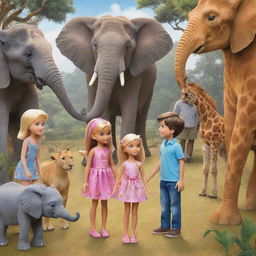 Cartoon image featuring big-eyed fairy Barbies and a boy kindheartedly interacting in a setting filled with elephants, giraffes, and a lion.