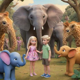 Cartoon image featuring big-eyed fairy Barbies and a boy kindheartedly interacting in a setting filled with elephants, giraffes, and a lion.