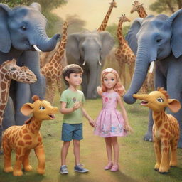 Cartoon image featuring big-eyed fairy Barbies and a boy kindheartedly interacting in a setting filled with elephants, giraffes, and a lion.