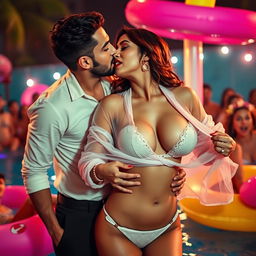 A sensual woman named Nushrat Bharucha, confidently adorned in a stylish bikini bottom at a vibrant pool party