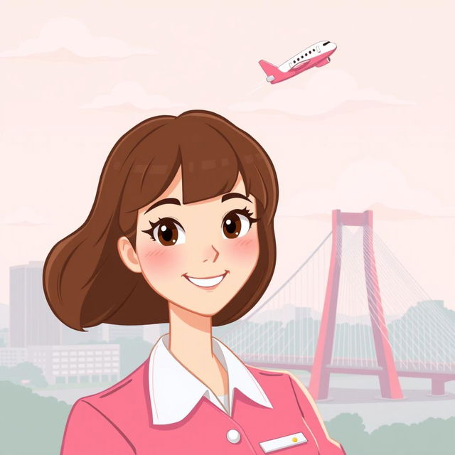 A cartoon-style illustration of a brown-haired woman with bangs and brown eyes, dressed in a pink flight attendant uniform