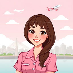 A cartoon-style illustration of a brown-haired woman with bangs and brown eyes, dressed in a pink flight attendant uniform