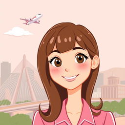 A cartoon-style illustration of a brown-haired woman with bangs and brown eyes, dressed in a pink flight attendant uniform
