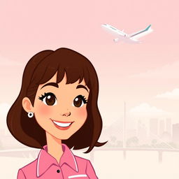 A cartoon-style illustration of a brown-haired woman with bangs and brown eyes, dressed in a pink flight attendant uniform