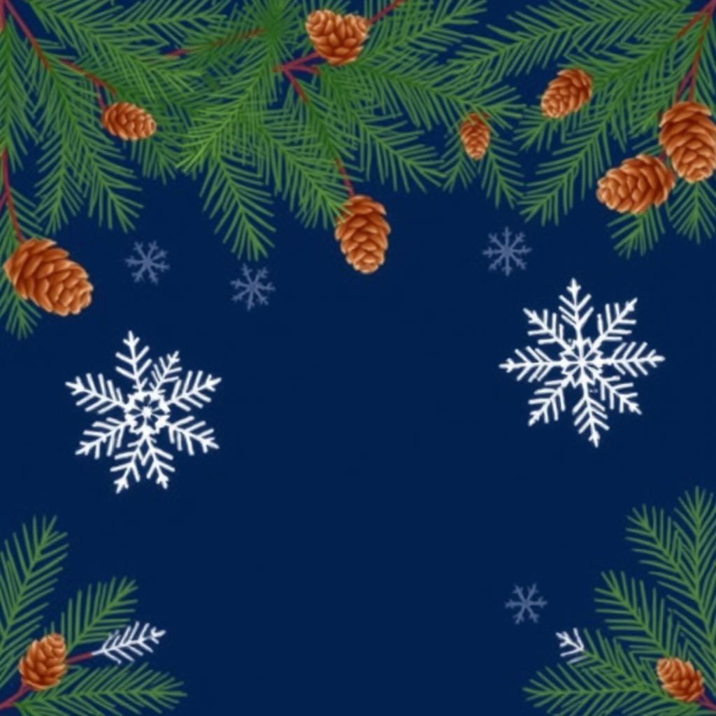 Wallpaper design featuring a deep blue background with green spruce branches adorning the edges