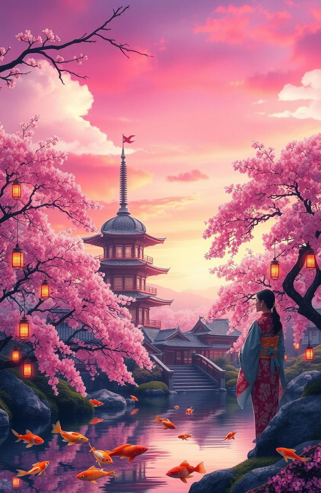 An enchanting oriental fantasy scene, featuring a beautifully detailed traditional pagoda nestled among lush cherry blossom trees