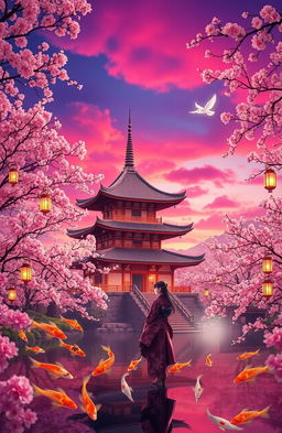 An enchanting oriental fantasy scene, featuring a beautifully detailed traditional pagoda nestled among lush cherry blossom trees
