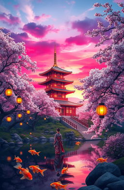 An enchanting oriental fantasy scene, featuring a beautifully detailed traditional pagoda nestled among lush cherry blossom trees