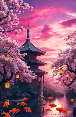 An enchanting oriental fantasy scene, featuring a beautifully detailed traditional pagoda nestled among lush cherry blossom trees