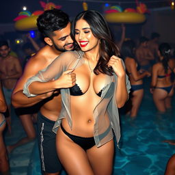 A sensual woman named Nushrat Bharucha, confidently wearing a stylish bikini bottom, at an energetic pool party