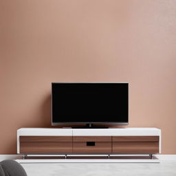 A stylish, modern TV stand mounted on a freshly painted wall with contrasting colors and textures