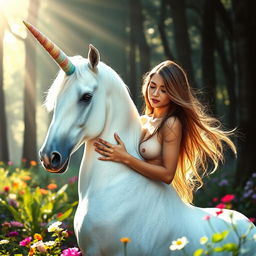 A beautiful, nude woman with small breasts intimately embracing a majestic unicorn in a magical forest
