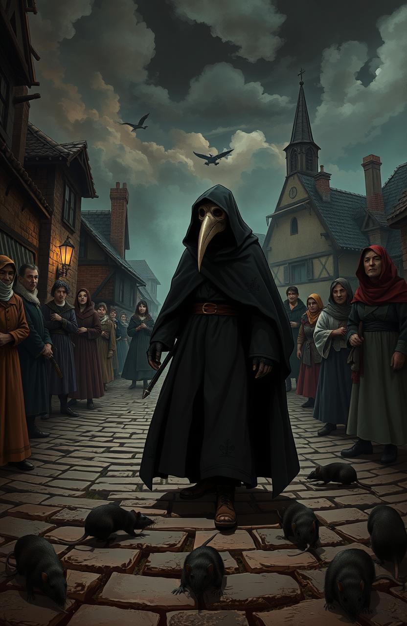 A detailed and atmospheric illustration representing the bubonic plague era, set in a medieval town with cobblestone streets