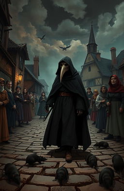 A detailed and atmospheric illustration representing the bubonic plague era, set in a medieval town with cobblestone streets