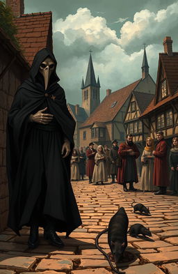 A detailed and atmospheric illustration representing the bubonic plague era, set in a medieval town with cobblestone streets