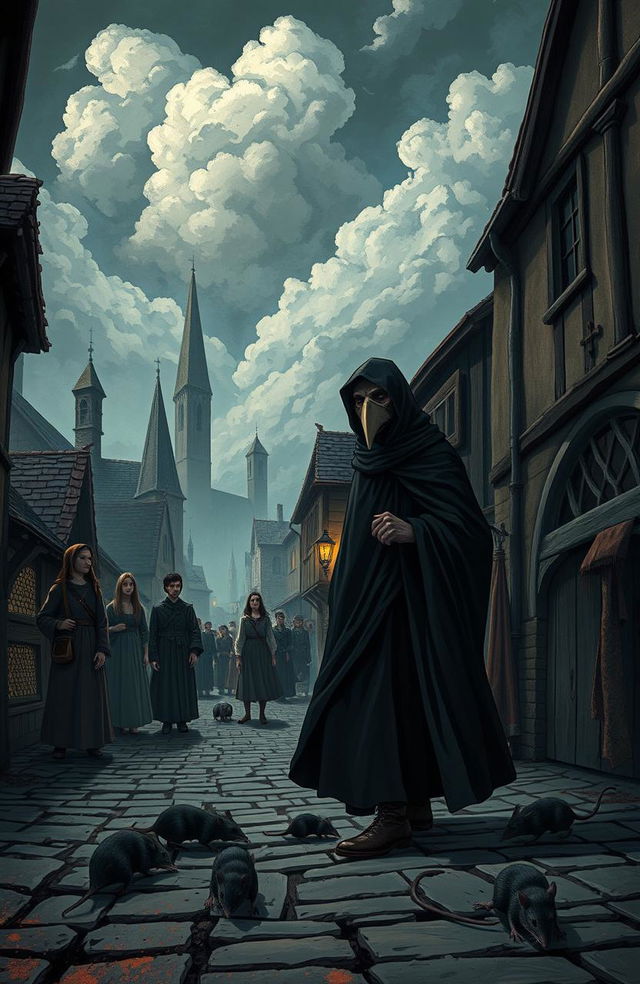 A detailed and atmospheric illustration representing the bubonic plague era, set in a medieval town with cobblestone streets