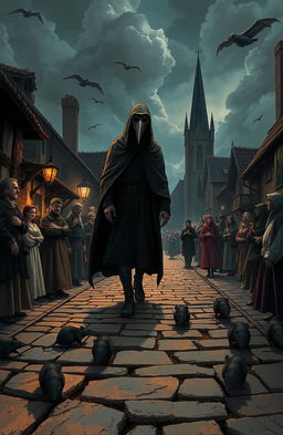 A detailed and atmospheric illustration representing the bubonic plague era, set in a medieval town with cobblestone streets