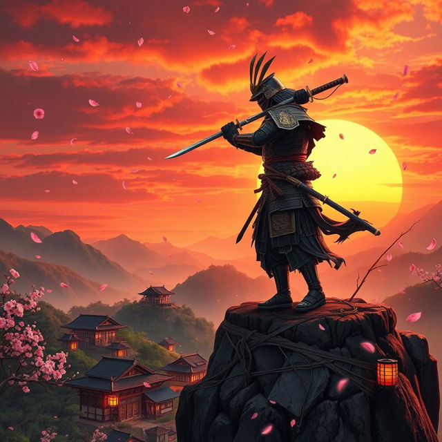 A striking oriental samurai fantasy scene, featuring a fierce samurai warrior clad in intricately designed armor and wielding a beautifully crafted katana, standing atop a rocky cliff