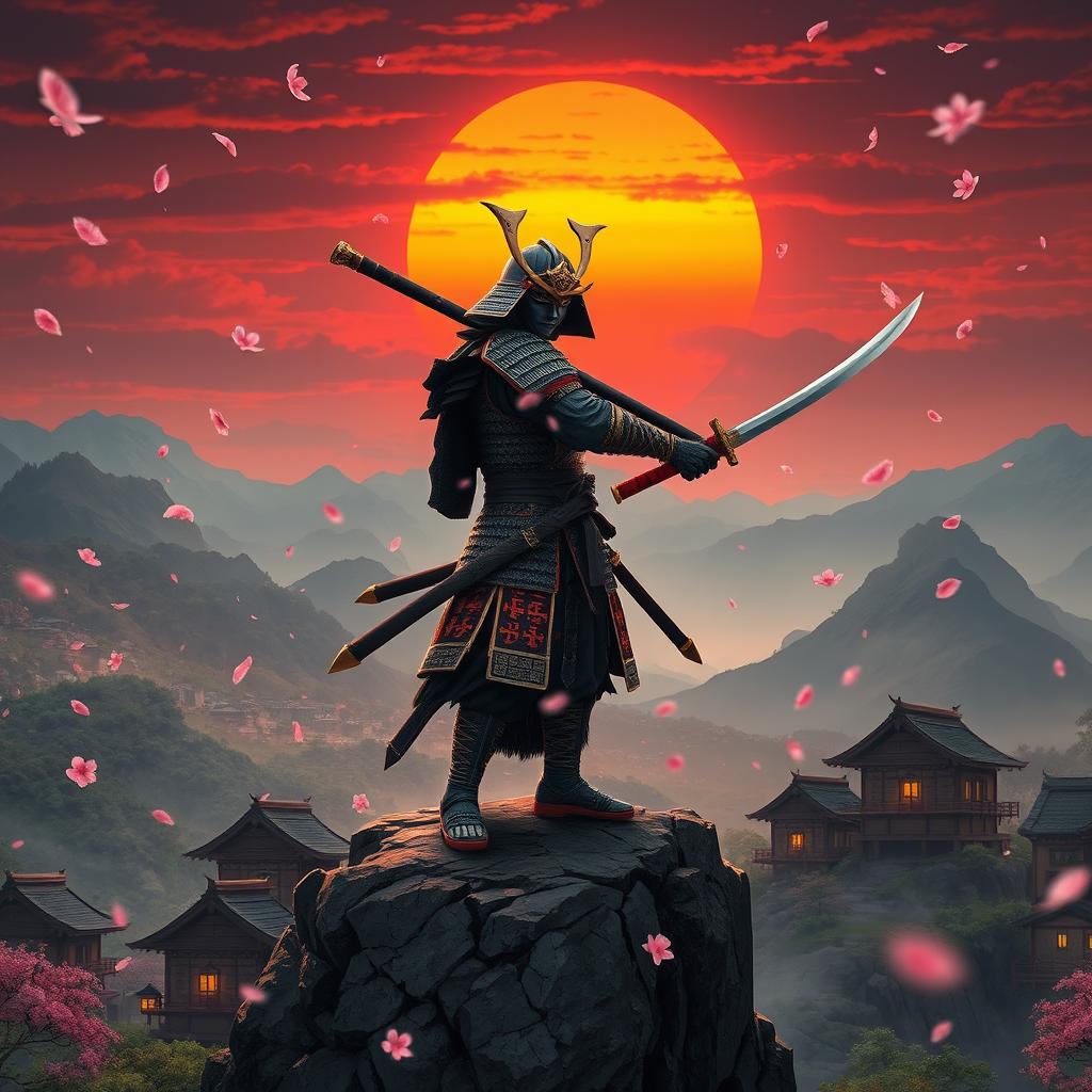 A striking oriental samurai fantasy scene, featuring a fierce samurai warrior clad in intricately designed armor and wielding a beautifully crafted katana, standing atop a rocky cliff