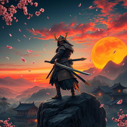 A striking oriental samurai fantasy scene, featuring a fierce samurai warrior clad in intricately designed armor and wielding a beautifully crafted katana, standing atop a rocky cliff