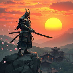 A striking oriental samurai fantasy scene, featuring a fierce samurai warrior clad in intricately designed armor and wielding a beautifully crafted katana, standing atop a rocky cliff