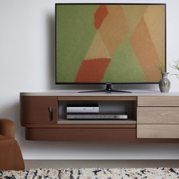 A stylish, modern TV stand mounted on a freshly painted wall with contrasting colors and textures