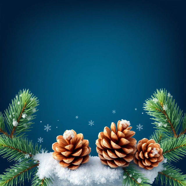 A beautiful wallpaper featuring fluffy green pine branches on the edges against a deep blue background