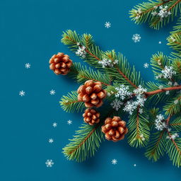 A beautifully designed wallpaper featuring fluffy green pine branches along the edges on a deep blue background