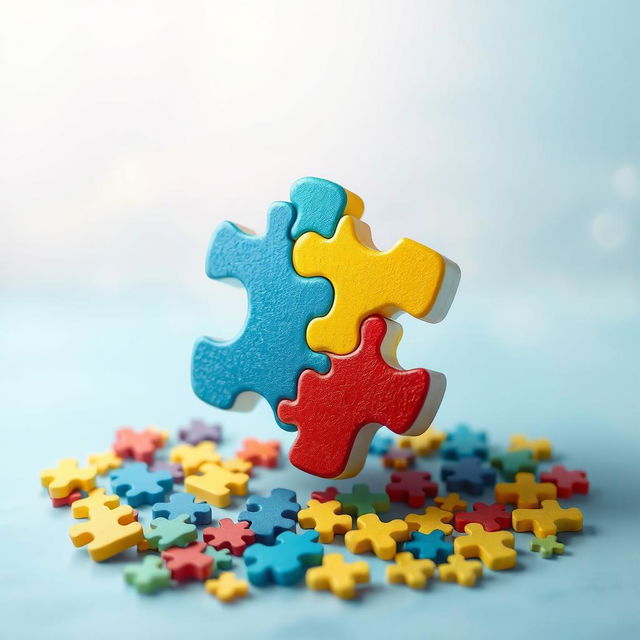 A colorful and vibrant autism puzzle piece, showcasing a blend of blue, yellow, green, and red hues