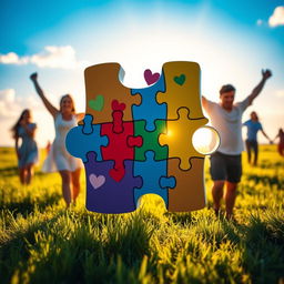 A serene and uplifting scene symbolizing autism awareness, featuring a large, colorful puzzle piece prominently in the center