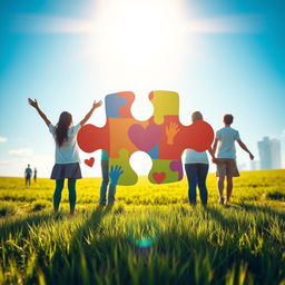 A serene and uplifting scene symbolizing autism awareness, featuring a large, colorful puzzle piece prominently in the center