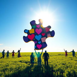 A serene and uplifting scene symbolizing autism awareness, featuring a large, colorful puzzle piece prominently in the center