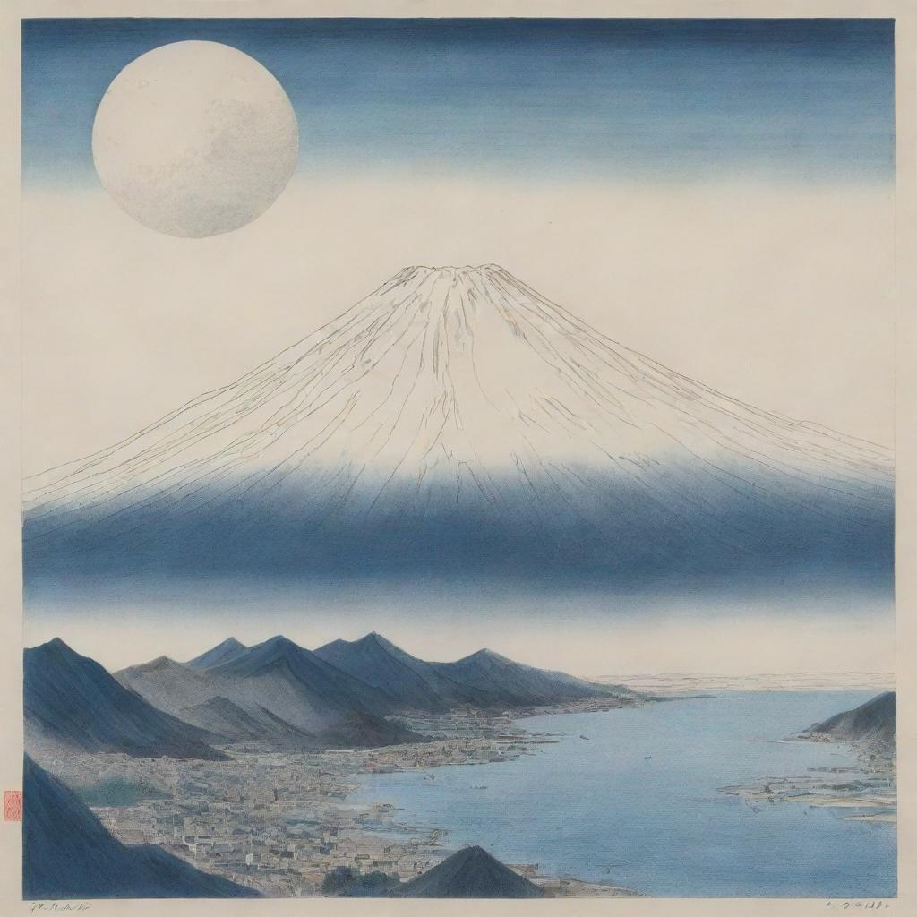 A detailed drawing of the magnificent Mt. Fuji, along with an abstract composite figure incorporated into the scene.