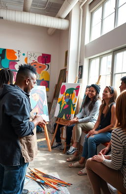 A vibrant, studio setting featuring a contemporary artist, Godwin Constantine, guiding a group of aspiring artists in a professional placement session