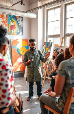 A vibrant, studio setting featuring a contemporary artist, Godwin Constantine, guiding a group of aspiring artists in a professional placement session