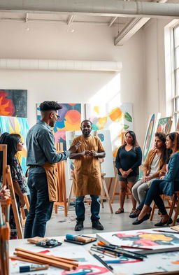 A vibrant, studio setting featuring a contemporary artist, Godwin Constantine, guiding a group of aspiring artists in a professional placement session