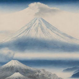 A detailed drawing of the magnificent Mt. Fuji, along with an abstract composite figure incorporated into the scene.