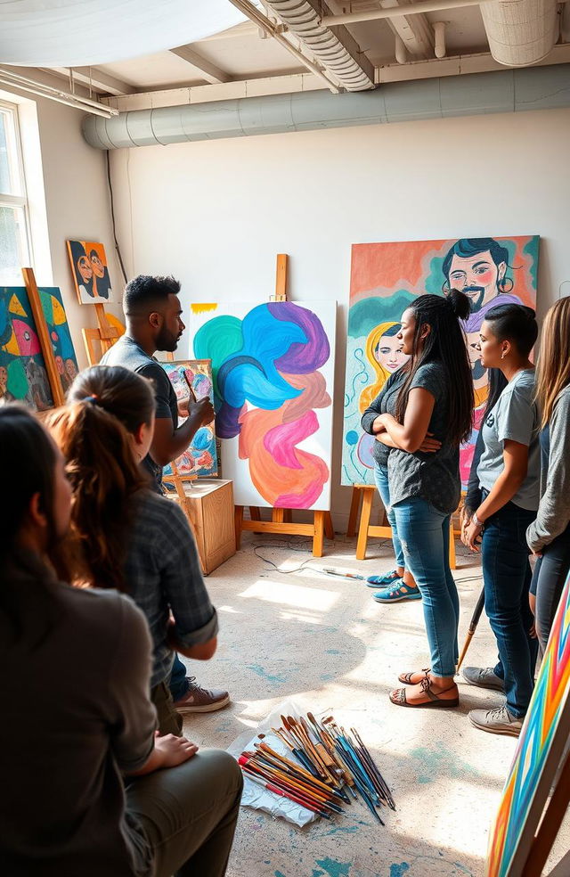 A vibrant, studio setting featuring a contemporary artist, Godwin Constantine, guiding a group of aspiring artists in a professional placement session